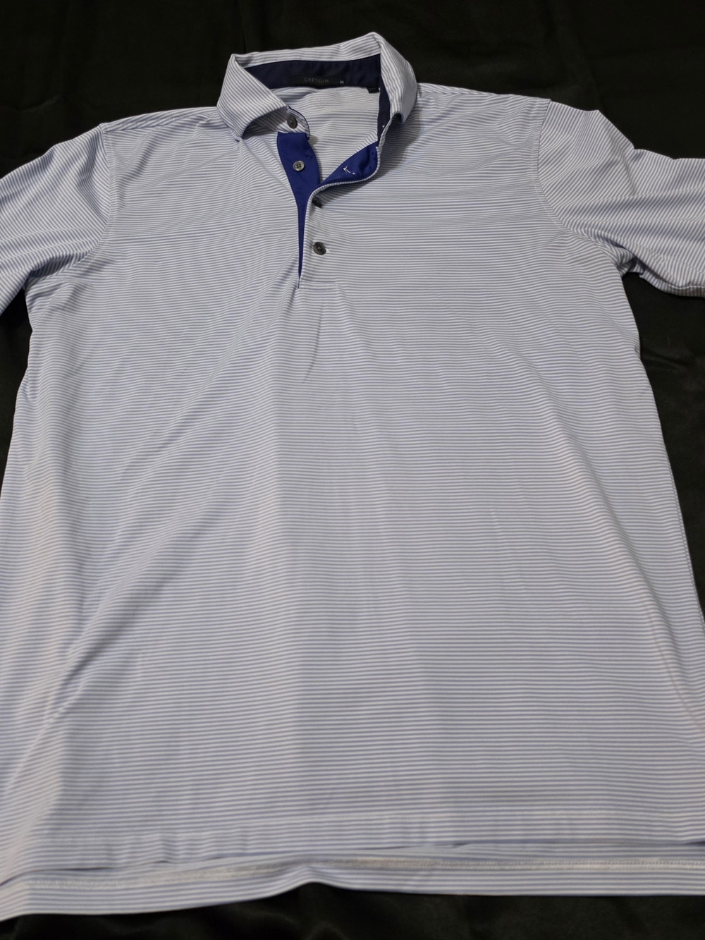 Greyson Men's Light Blue Micro-Stripe Golf Polo with Navy Placket